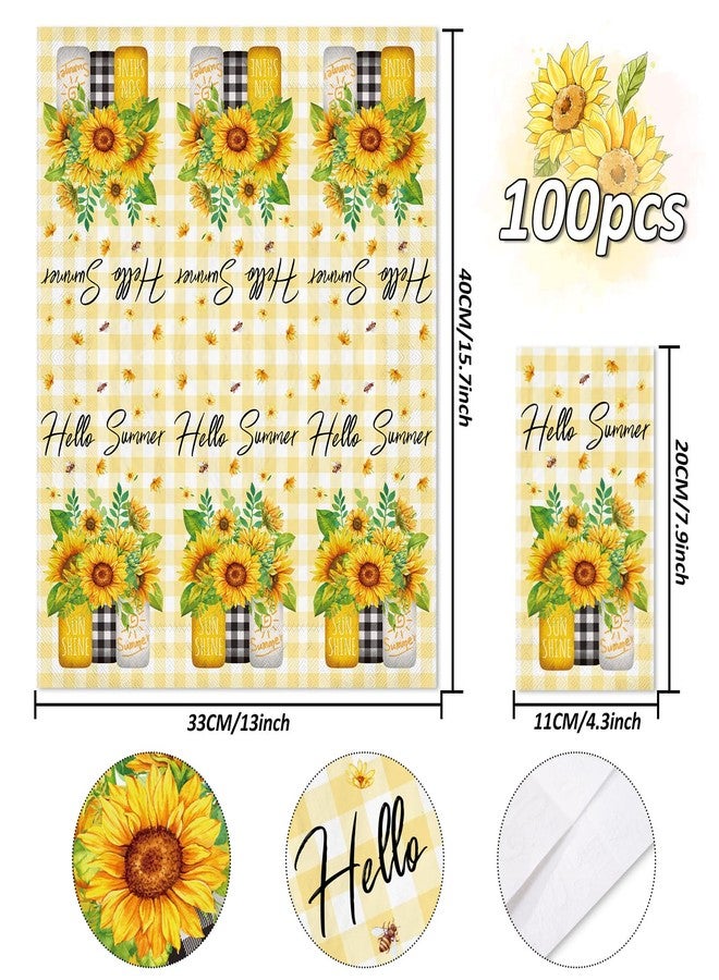 JarThenaAMCS مناديل ورقية صيفية للضيوف من JarThenaAMCS، 100 قطعة، بنقشة عباد الشمس والمربعات، 3 طبقات، للاستخدام مرة واحدة، مزينة بنباتات ونحل، مثالية لتزيين طاولات الحفلات. - Image 2